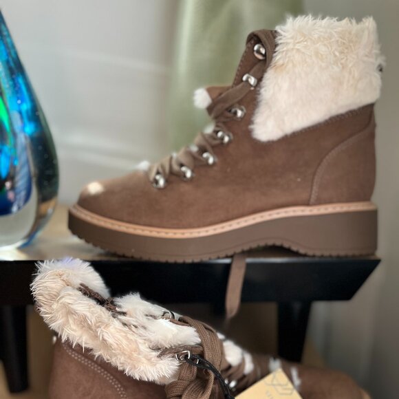 BNWT Madden NYC Faux Fur Cuff Lace Up Booties (8) in coffee tan / cream lining - Picture 9 of 10